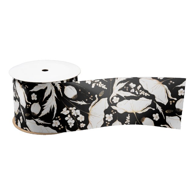 Hand-drawn Gold Wildflowers Elegant Black Satin Ribbon (Spool)