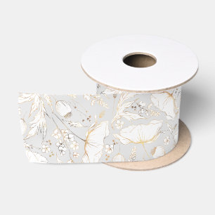 Hand-drawn Gold Wildflowers Elegant Light Grey Satin Ribbon