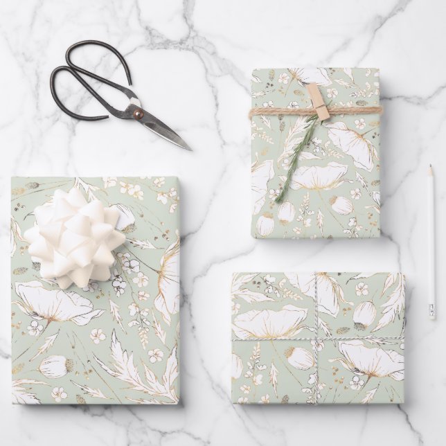 Hand-drawn Gold Wildflowers Sketch Pattern Elegant Wrapping Paper Sheet (Front)