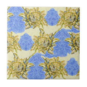 Hand Drawn Golden Flowers with blue background Ceramic Tile