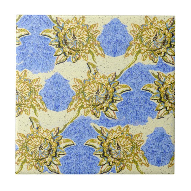 Hand Drawn Golden Flowers with blue background Ceramic Tile (Front)