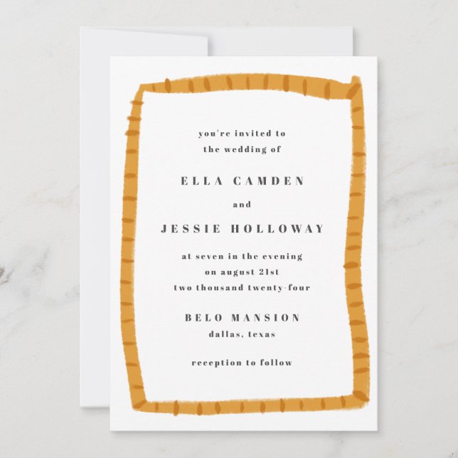 Hand-Drawn Golden Frame Playful Wedding Invitation (Front)