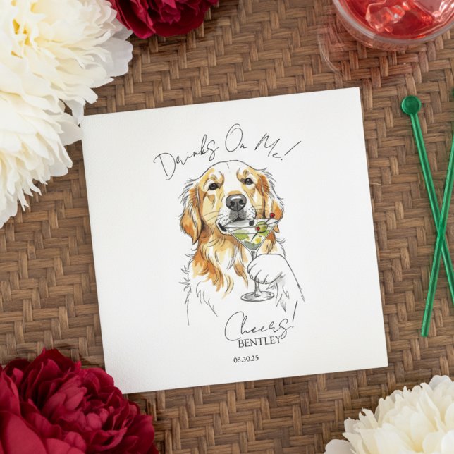 Hand Drawn Golden Retriever Martini Open Bar Napkin (Toast your pet with this custom hand drawn golden retriever martini cocktail napkin!)
