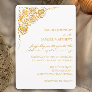 Hand Drawn Golden Roses Modern Wedding Invitation