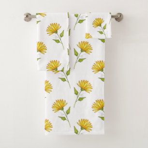 Hand Drawn Golden Yellow Daisy Pattern Bath Towel Set