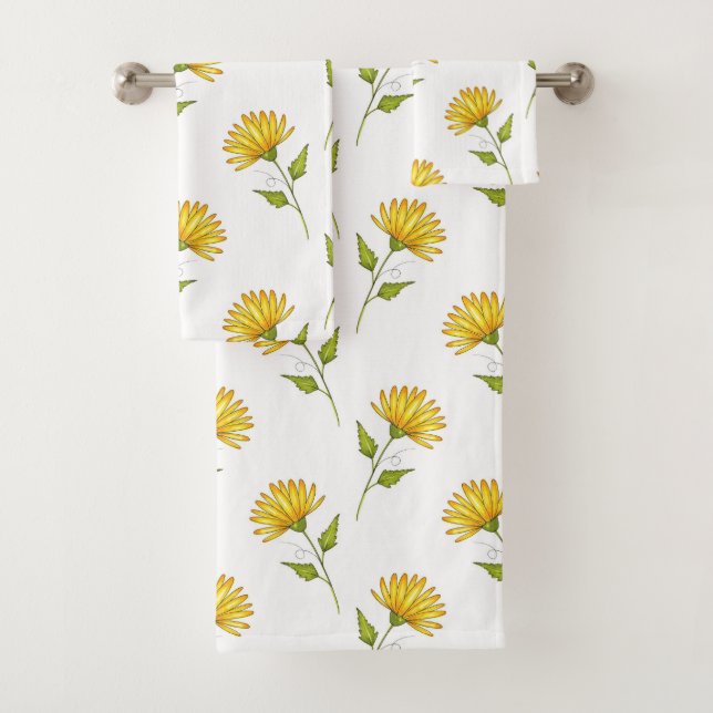 Hand Drawn Golden Yellow Daisy Pattern  Bath Towel Set (Insitu)