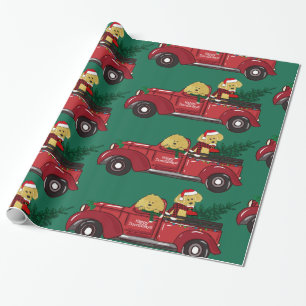 Hand Drawn Goldendoodles Red Christmas Truck Wrapping Paper