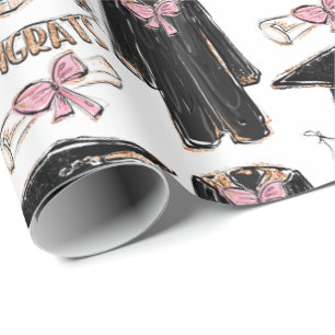 Hand-Drawn Graduation Gown Pink Bow Graduation  Wrapping Paper