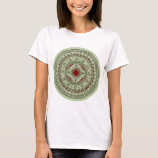 Hand Drawn Green And Red Mandala Flower Design T-Shirt