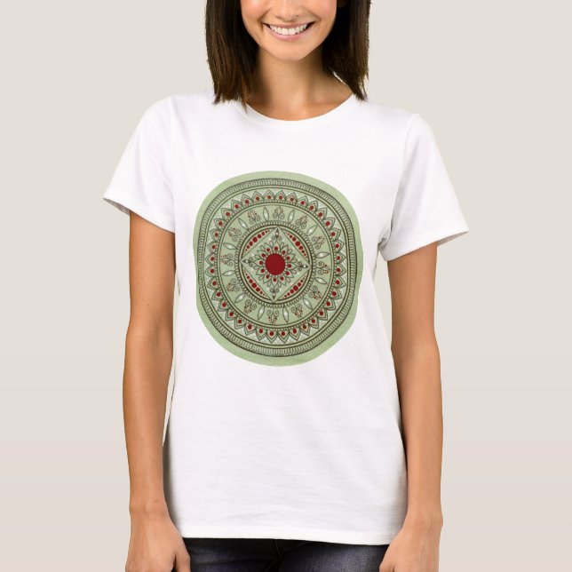 Hand Drawn Green And Red Mandala Flower Design T-Shirt (Front)