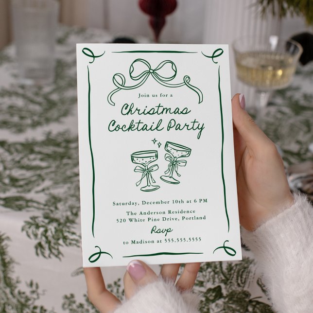 Hand-Drawn Green Bow Christmas Cocktail Party Invitation (Creator Uploaded)