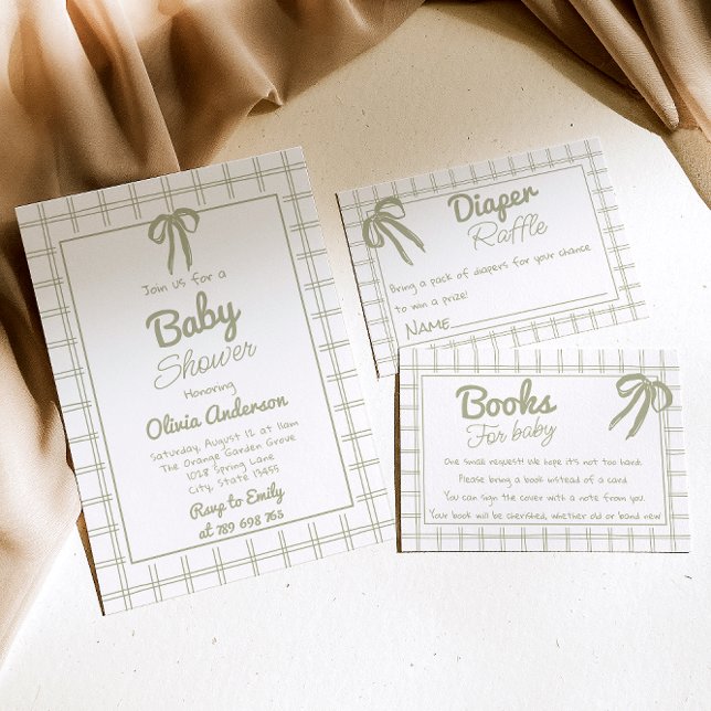 Hand Drawn Green Bow Gingham Neutral Baby Shower Invitation (Creator Uploaded)