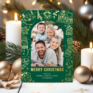 Hand-Drawn Green Christmas Photo Gold Foil Holiday Card