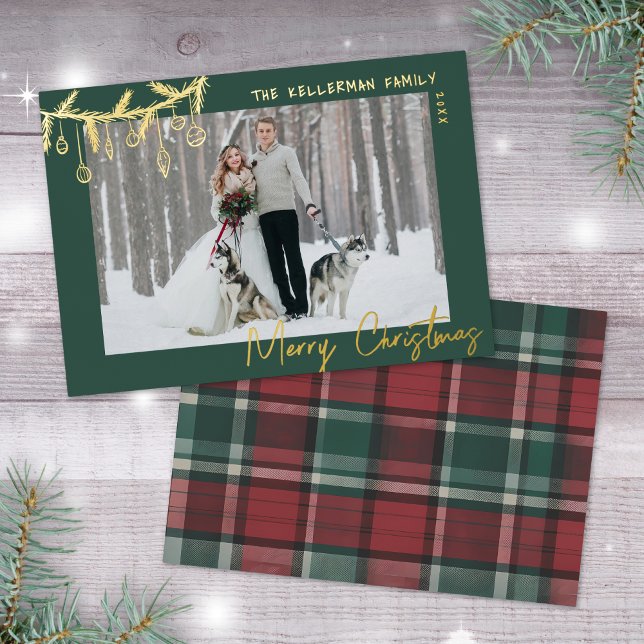 Hand Drawn Green Gold Tartan Merry Christmas Foil Holiday Card (Hand Drawn Green Gold Tartan Merry Christmas Foil Holiday Card)