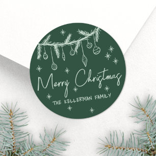 Hand Drawn Green Merry Christmas Classic Round Sticker