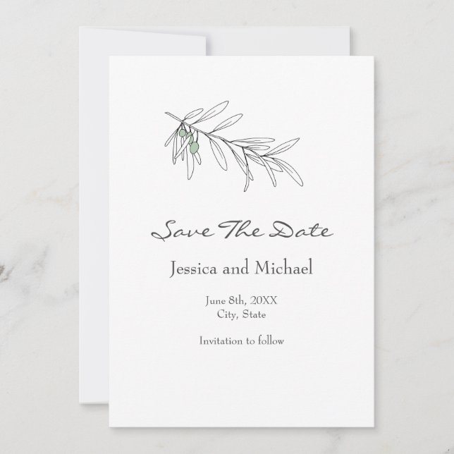 Hand Drawn Green Olive Leaves  Save The Date (Front)