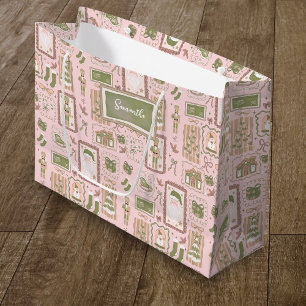 Hand Drawn green peach christmas custom name Large Gift Bag