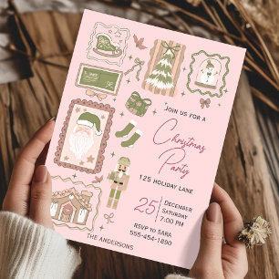 Hand Drawn Green Peach Doodle Christmas Party Invitation