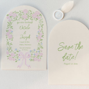 Hand Drawn Green Pink Bow Floral Arched Wedding Save The Date