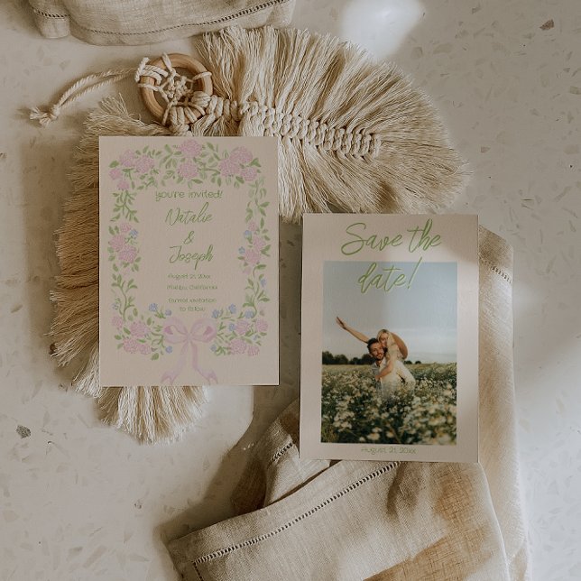 Hand Drawn Green Pink Bow Floral Photo Wedding Save The Date (Creator Uploaded)