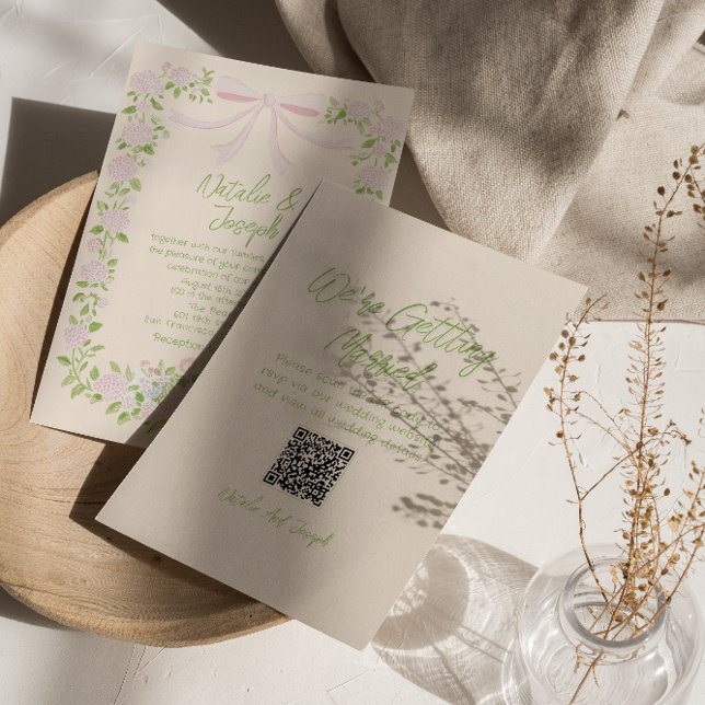 Hand Drawn Green Pink Bow Floral QR Code Wedding Invitation (Creator Uploaded)