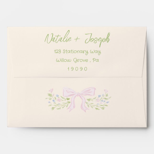 Hand Drawn Green Pink Bow Floral Wedding Envelope (Back (Top Flap))