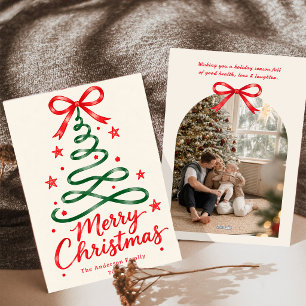 Hand Drawn Green Ribbon Christmas Tree Photo Holiday Card