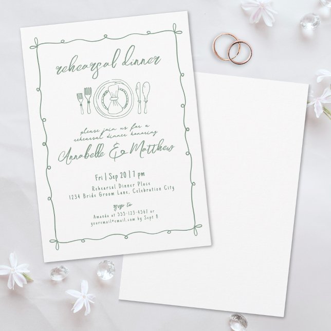 Hand Drawn Green Wedding Rehearsal Dinner Invitation (Hand Drawn Green Wedding Rehearsal Dinner Invitation)