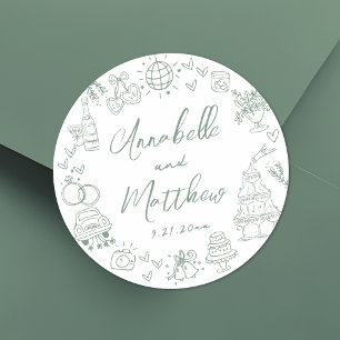 Hand Drawn Green Whimsical Wedding Classic Round Sticker
