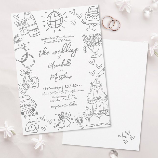 Hand Drawn Grey Whimsical Wedding Invitation (Hand Drawn Gray Whimsical Wedding Invitation)