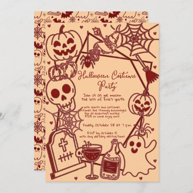 Hand Drawn Halloween Costume Birthday Party  Invitation (Front/Back)