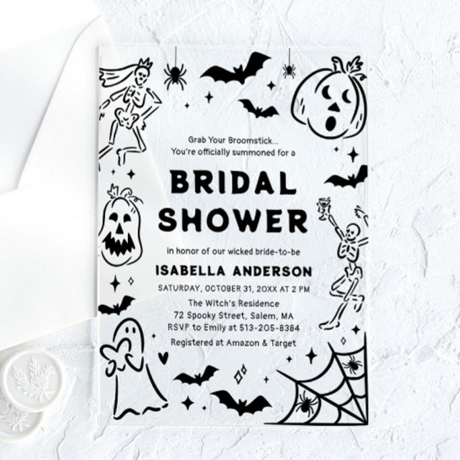 Hand Drawn Halloween Skeleton Ghost Bridal Shower Acrylic Invitations (Hand Drawn Halloween Skeleton Ghost Bridal Shower Acrylic Invitation)
