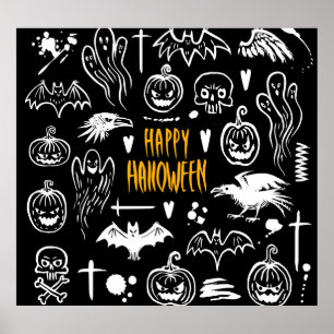 Hand-drawn Halloween symbols, vintage collection. Poster