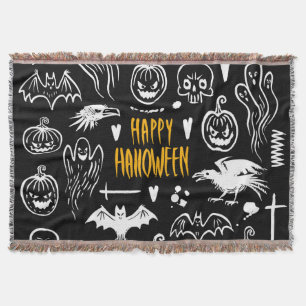 Hand-drawn Halloween symbols, vintage collection. Throw Blanket