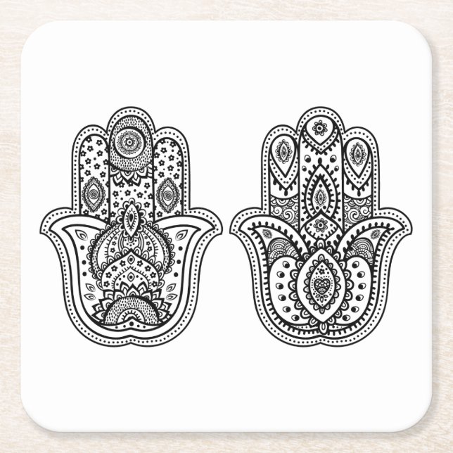 Hand Drawn Hamsa With Ornaments Square Paper Coaster (Front)