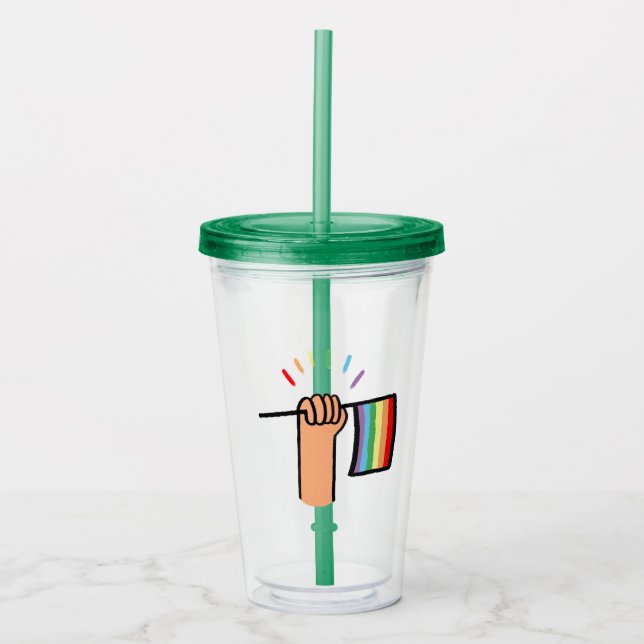 Hand Drawn Hand Waving a Rainbow Flag Acrylic Tumbler (Front)