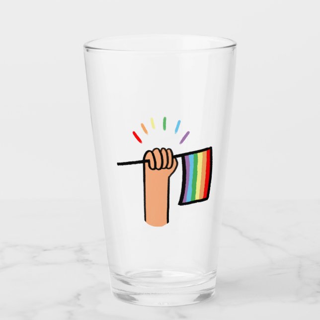 Hand Drawn Hand Waving a Rainbow Flag Glass (Front)