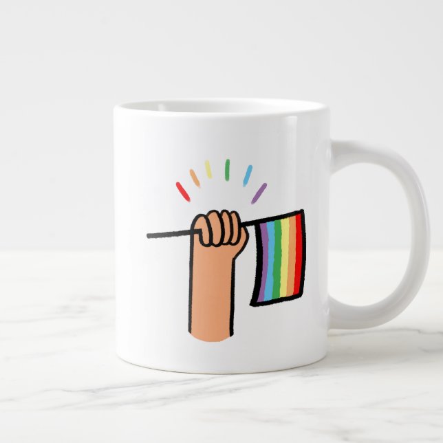 Hand Drawn Hand Waving a Rainbow Flag Large Coffee Mug (Right)