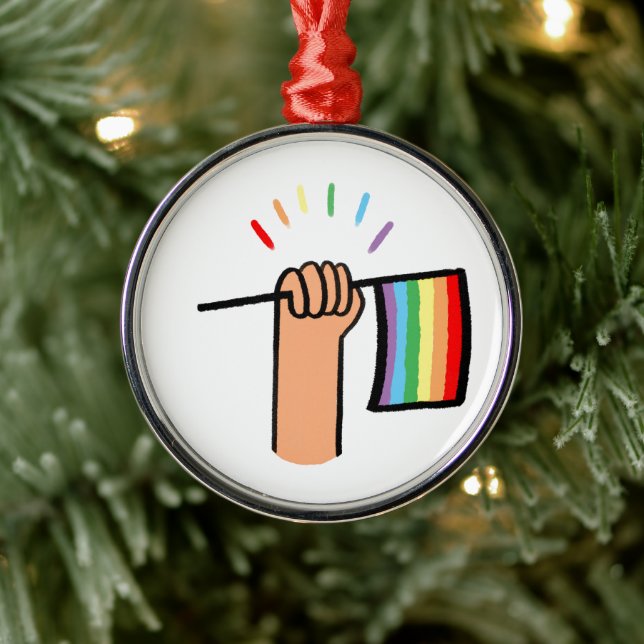 Hand Drawn Hand Waving a Rainbow Flag Metal Ornament (Tree)