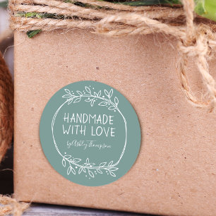 Hand Drawn Handmade With Love Personalised Teal Classic Round Sticker