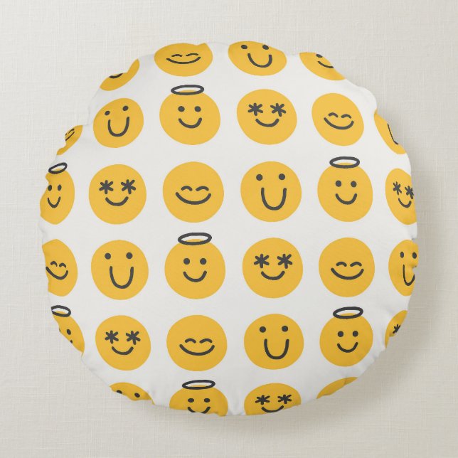 Hand Drawn Happy Emoji Pattern Round Cushion (Front)