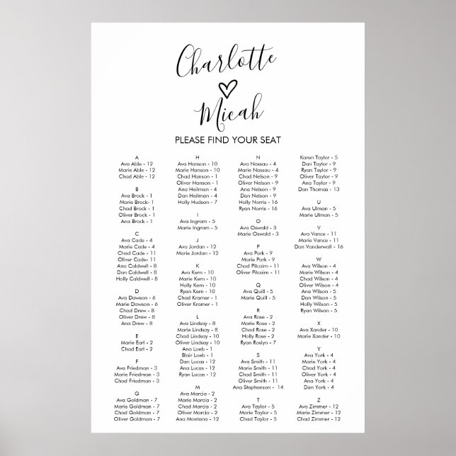 Hand Drawn Heart Alphabetical Seating Chart (Front)