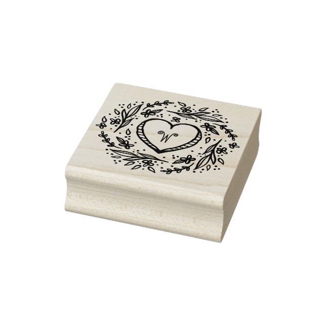 Hand-drawn Heart & Floral Wreath Custom Monogram Rubber Stamp (Stamp)