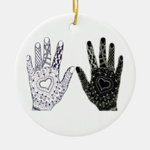 Hand Drawn Heart Hands Ceramic Ornament