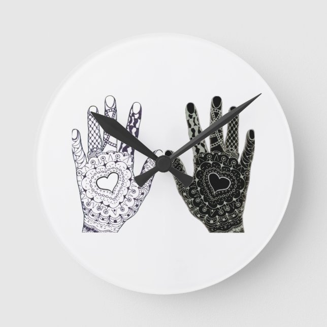 Hand Drawn Heart Hands Round Clock (Front)