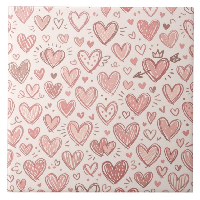 Hand-Drawn Heart Pattern Ceramic Tile (Front)