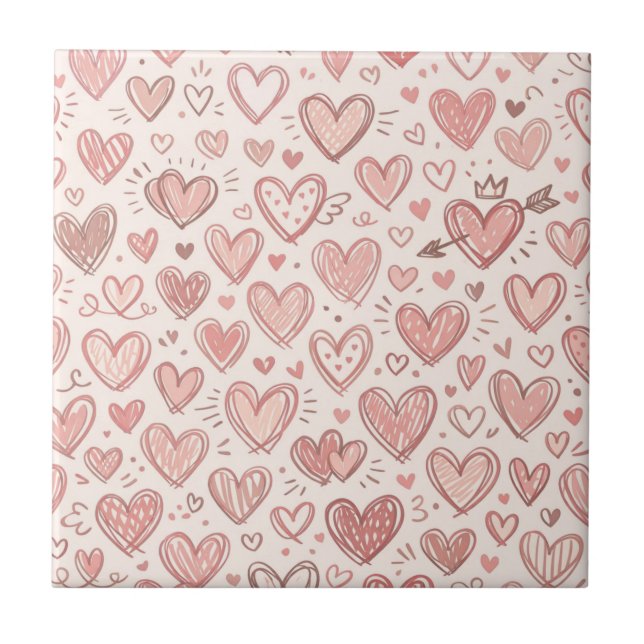 Hand-Drawn Heart Pattern Ceramic Tile (Front)