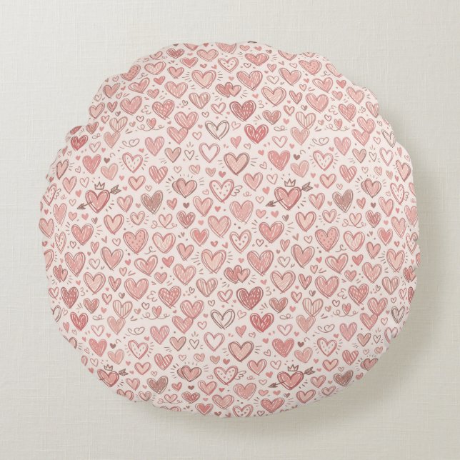 Hand-Drawn Heart Pattern Round Cushion (Front)