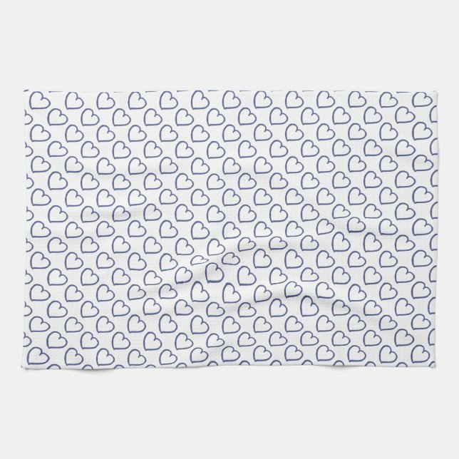 Hand drawn hearts design dark blue on white tea towel (Horizontal)