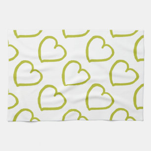 Hand drawn hearts design green on white tea towel